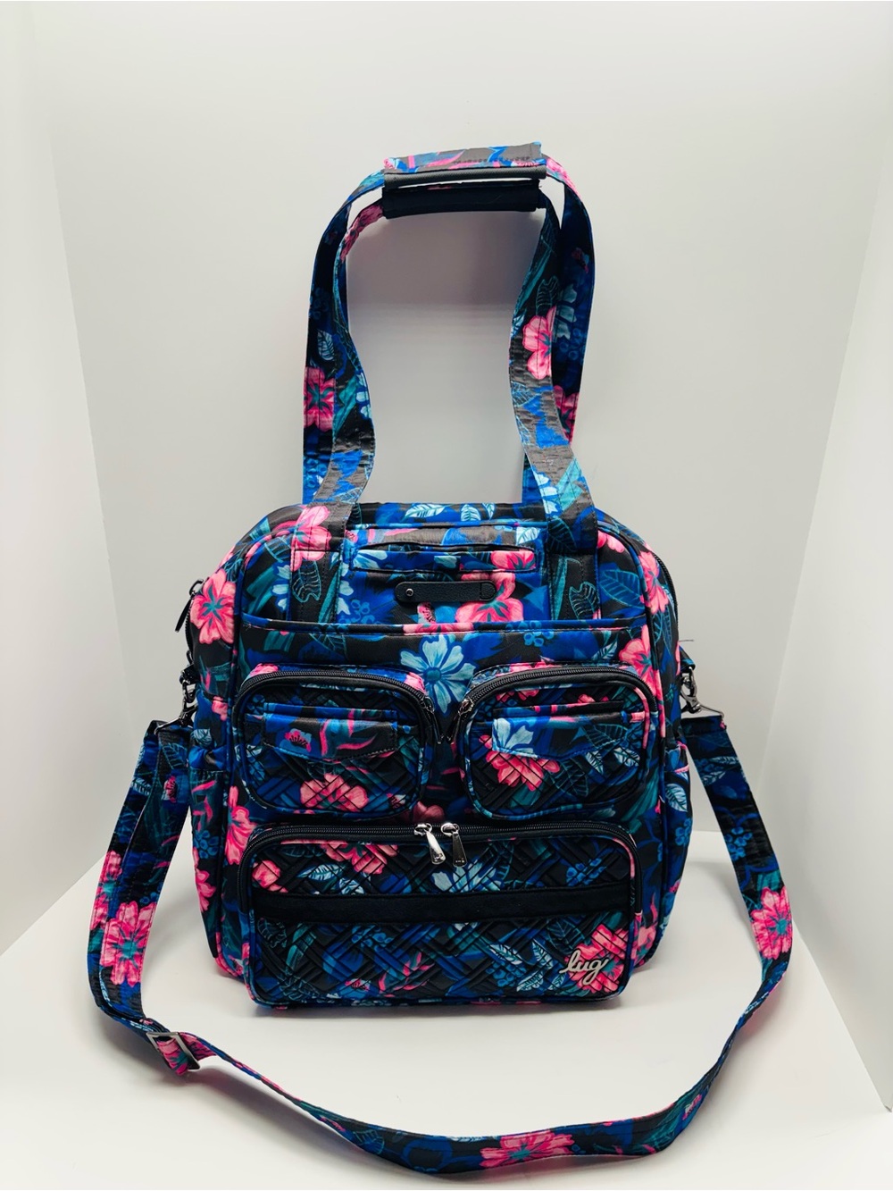 MAKE AN OFFER! EUC Lug RESORT BLACK PUDDLE JUMPER Convertible Tote Bag Blue Pink - Picture 2 of 12